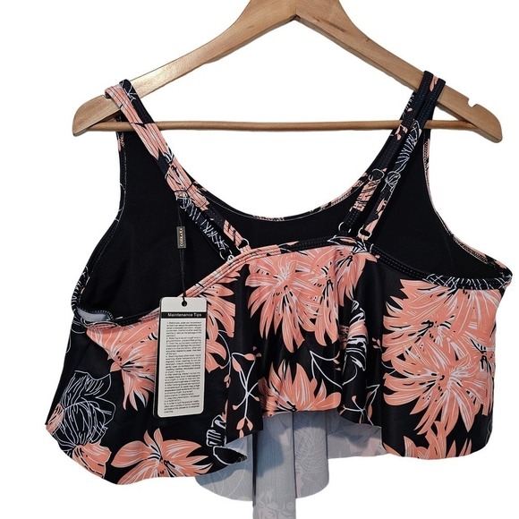 Floral Swimsuit Pink Black Swimsuit Top Size Large Bikini Adjustable Straps - Picture 2 of 9